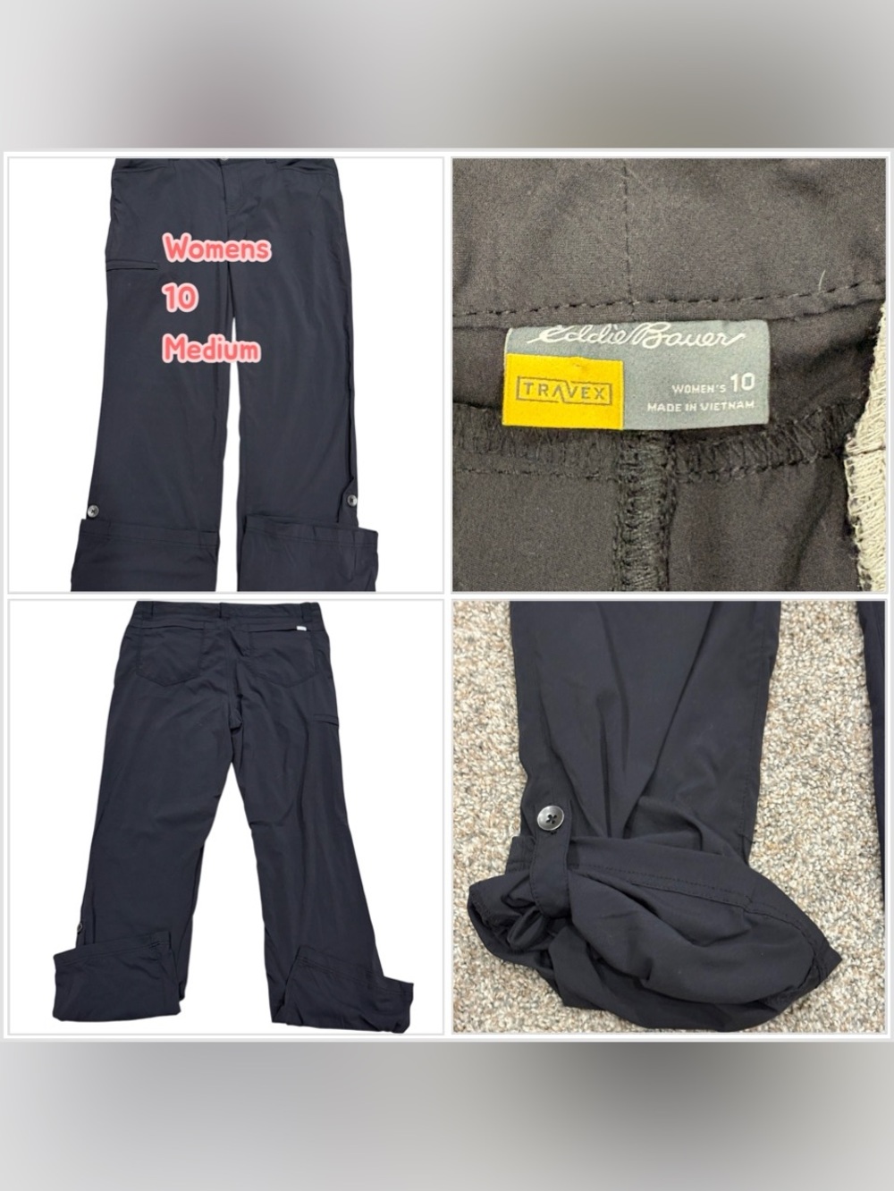 Womenโs Eddie Bauer Travex 12x31 Flex Pants Black Stretch Rolled Hem Utility